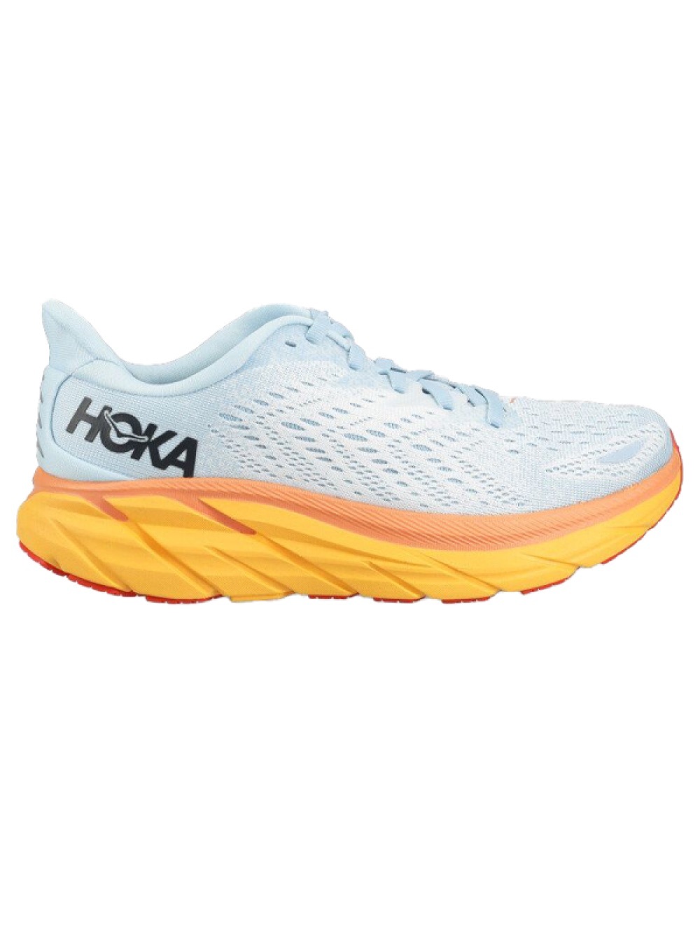 Hoka Women's Clifton 8 Light Blue Upper with Yellow and Orange Running Shoes 9 - Picture 2 of 10